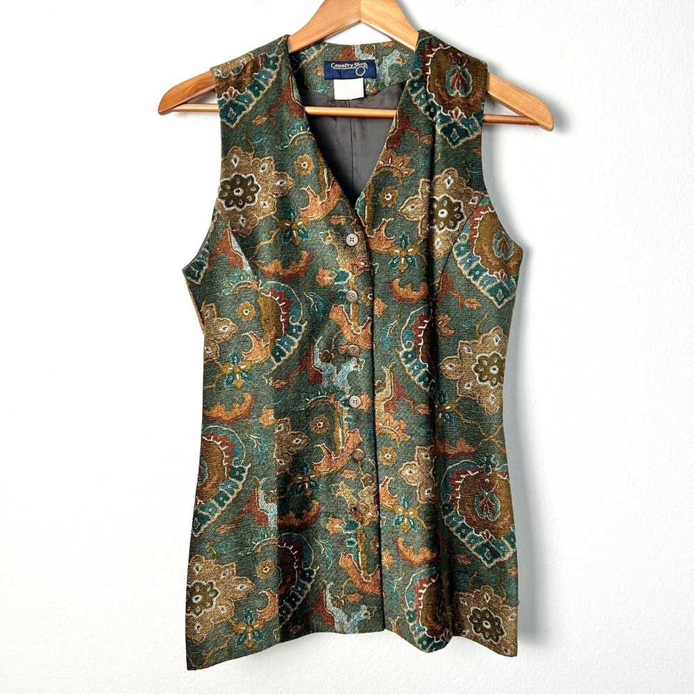 Vintage 90s Brocade Vest Womens Small Rustic Western Bohemian Artsy Farmhouse